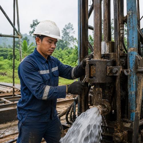 Teknisi Jasa Sumur Bor Padang sedang bekerja